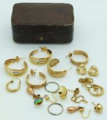 Six pairs of 9ct gold earrings and other odd 9ct gold earrings, 12g