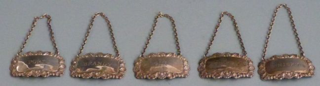 Set of five hallmarked silver bottle tickets or labels comprising sherry, whisky, port, brandy and