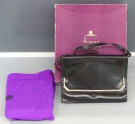 Asprey Art Deco style black leather metal mounted ladies handbag marked Asprey, London, width
