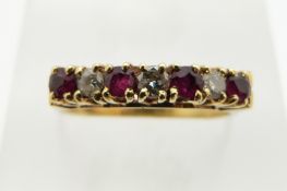 An 18ct gold ring set with alternating rubies and diamonds, 2.9g, size L