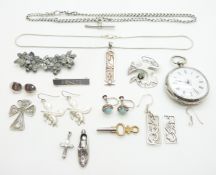 A collection of silver including fob watch, Albert, earrings, brooch, pendant etc