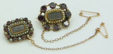 Victorian mourning brooch set with plaited hair to the centre surrounded by seed pearls and an outer