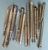 Fifteen white metal and silver plated propelling pencils.