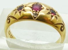 Edwardian 18ct gold ring set with rubies and diamonds, Chester 1908, 3g, size K