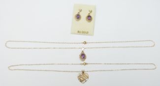 A 9ct gold necklace and earrings set with amethysts, 3.6g