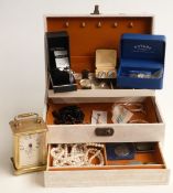 A collection of costume jewellery including silver bracelets, Sarah Coventry brooch, watches,