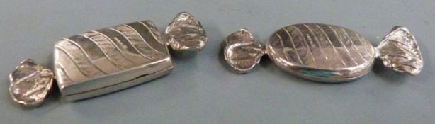 Two novelty hallmarked silver trinket pots formed as sweets, length 4.5cm weight 17g