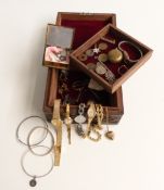 A collection of costume jewellery including paste pendant, coins, rolled gold heart locket, watch