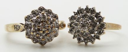 Two 9ct gold rings set with diamonds in a cluster, 5.6g,