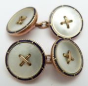 A pair of 9ct rose gold cufflinks set with mother of pearl and an enamel border, 6.1g