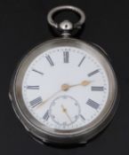 Kendall & Dent silver open faced pocket watch with subsidiary seconds dial, gold hands, black