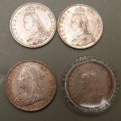 Victoria 1899 veiled head half crown VF-EF, together with three jubilee head florins 1887 and