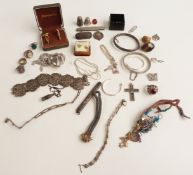 A hallmarked silver pencil, silver bangle, Charles Horner thimble, silver fob, silver ring, silver