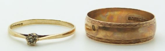 A 9ct rose gold ring and a yellow metal ring set with a diamond, 3.3g