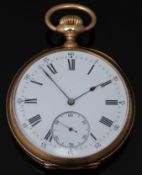 Swiss 18ct gold gentleman's keyless winding open faced pocket watch with inset subsidiary seconds