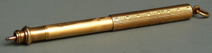 Mordan & Co. 9ct gold extending telescopic pencil, the engine turned body with ring end, extending