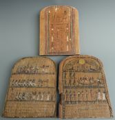 Three Egyptian style wooden panels each decorated with hieroglyphs, each approximately 34cm x 25cm