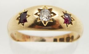 Victorian 18ct gold ring set with an old cut diamond and two garnets, Birmingham 1891, 3.8g, size Q