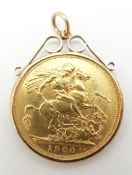 A 1900 gold full sovereign in a 9ct gold pendant mount, 8.2g