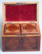 Georgian mahogany and parquetry inlaid tea caddy, the lid opening to reveal two similarly