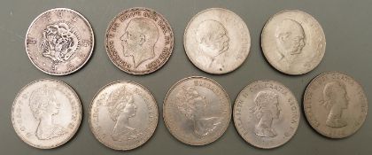 A collection of crown sized coins including 1935 'rocking horse' example