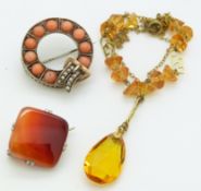 Victorian buckle brooch set with coral and seed pearls, WBS Art Deco necklace and agate brooch.