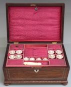 19thC inlaid rosewood sarcophagus shaped work box having fitted lift out tray with mother of pearl