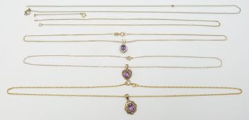 Three 9ct gold necklaces one set with an amethyst, 6.7g