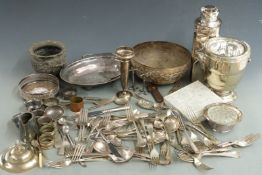 Silver plated ware to include faceted thermos type flask, cutlery, bowls etc