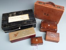 Japanese lacquer box, two Victorian rosewood boxes and a small leather suitcase