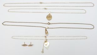 A pair of 9ct gold earrings, three 9ct gold necklaces and a 9ct gold pendant, 7.1g