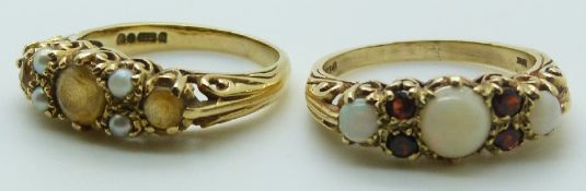 Two 9ct gold rings one set with opals and garnets, the other with citrines and seed pearls, 6.7g