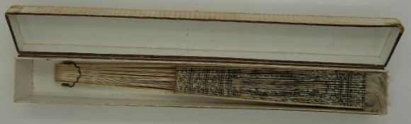 19thC bone fan, the lead guard stick set with oval mirror, pierced and inlaid decoration with