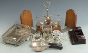 A collection of inkwells, desk tidies and a Walker & Hall cruet / tantalus stand