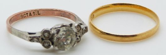 A 22ct gold ring/ wedding band and 9ct gold and silver ring set with paste
