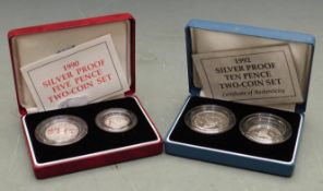 Royal Mint 1990 silver proof five pence two coin set, together with a 1992 ten pence set, both cased
