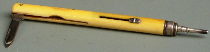 S Mordan & Co ivory and white metal fountain pen, propelling pencil and knife, 10.3cm long.