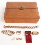 Two sections of 9ct rose gold bracelets (12.4g), a rose gold buckle, 9ct gold earrings (0.9g) etc