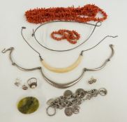 A silver necklace, two coral necklaces, silver bracelet, silver earrings etc