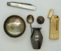 Dunhill gold plated lighter, Victorian fruit knife with hallmarked silver blade and mother of