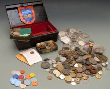 A collection of tokens, including 18thC medal coins, restrikes/ copy coins etc, in vintage cash box