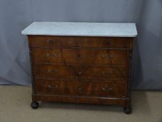 Continental chest of four drawers with marble top and bobbin turned corners, W127 x D66 x H97cm