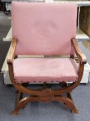 COLLECTING Liberty and Co upholstered oak Roman style chair with stud work decoration and X frame