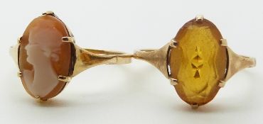 A 9ct gold cameo ring and a 9ct gold set with citrine, 3.8g, size N/O