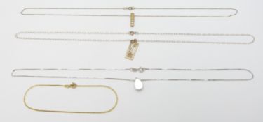 Two 9ct gold pendants and chains, a 9ct white gold necklace and a 9ct gold bracelet, 4.5g