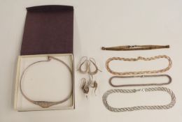 Two pairs of bespoke silver earrings, a silver necklace with Greek key decoration and four silver