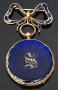 Aubert & Klaftenberger 18ct gold open faced pocket watch rose cut diamonds set to the blue guilloché