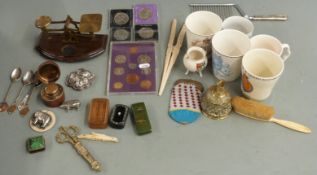 Bijouterie items including hallmarked silver, coins, baby's rattle, fob, snuff boxes, Japanese