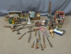 Woodworking and other tools to include Stanley 05 plane, vintage pulley block, novelty fishing rod