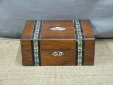 Rosewood work box with mother of pearl abalone inlay, width 30cm